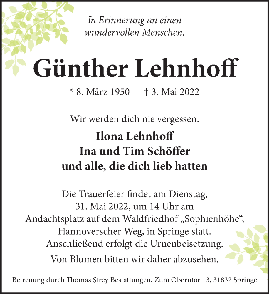  Traueranzeige für Günther Lehnhoff vom 21.05.2022 aus Neue Deister-Zeitung