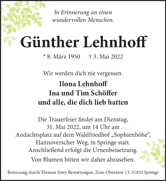 Traueranzeige von Günther Lehnhoff von Neue Deister-Zeitung