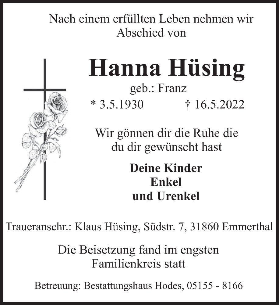 Traueranzeige für Hanna Hüsing vom 28.05.2022 aus Deister- und Weserzeitung