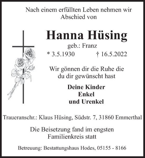 Traueranzeige von Hanna Hüsing von Deister- und Weserzeitung