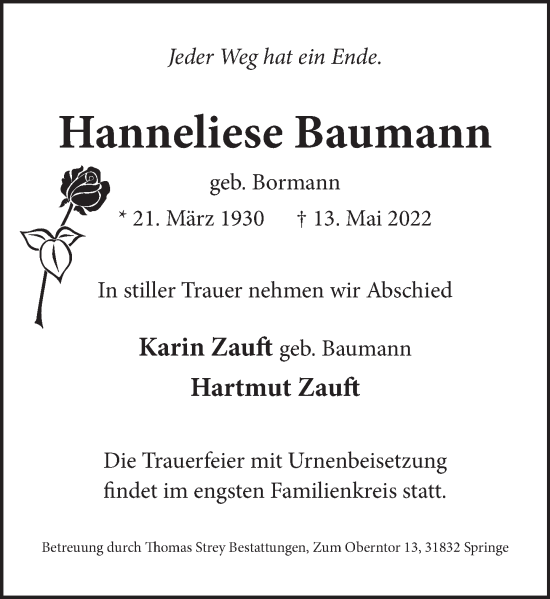 Traueranzeige von Hanneliese Baumann von Neue Deister-Zeitung