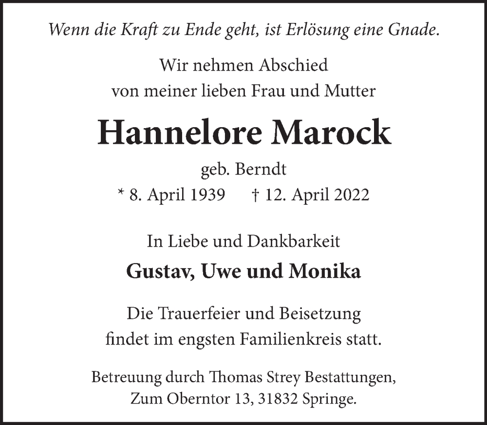  Traueranzeige für Hannelore  Marock vom 14.05.2022 aus Neue Deister-Zeitung