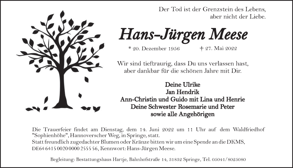  Traueranzeige für Hans-Jürgen Meese vom 01.06.2022 aus Neue Deister-Zeitung