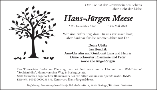 Traueranzeige von Hans-Jürgen Meese von Neue Deister-Zeitung