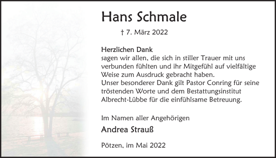Traueranzeige von Hans Schmale von Deister- und Weserzeitung