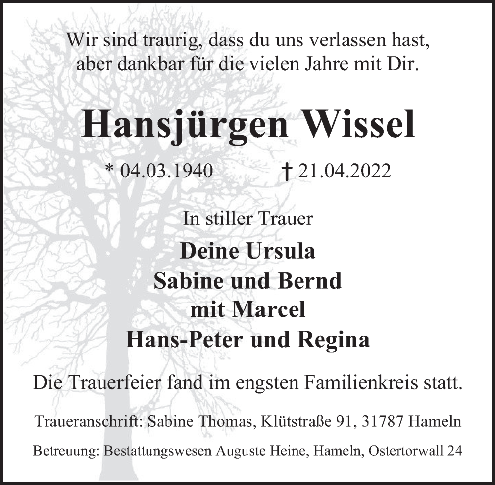  Traueranzeige für Hansjürgen Wissel vom 07.05.2022 aus Deister- und Weserzeitung