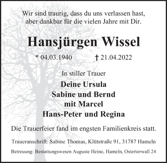 Traueranzeige von Hansjürgen Wissel von Deister- und Weserzeitung