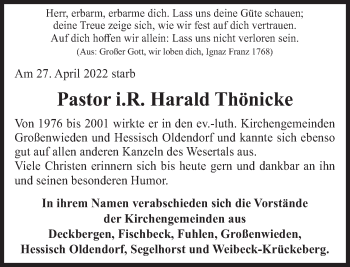 Traueranzeige von Harald Thönicke von Deister- und Weserzeitung