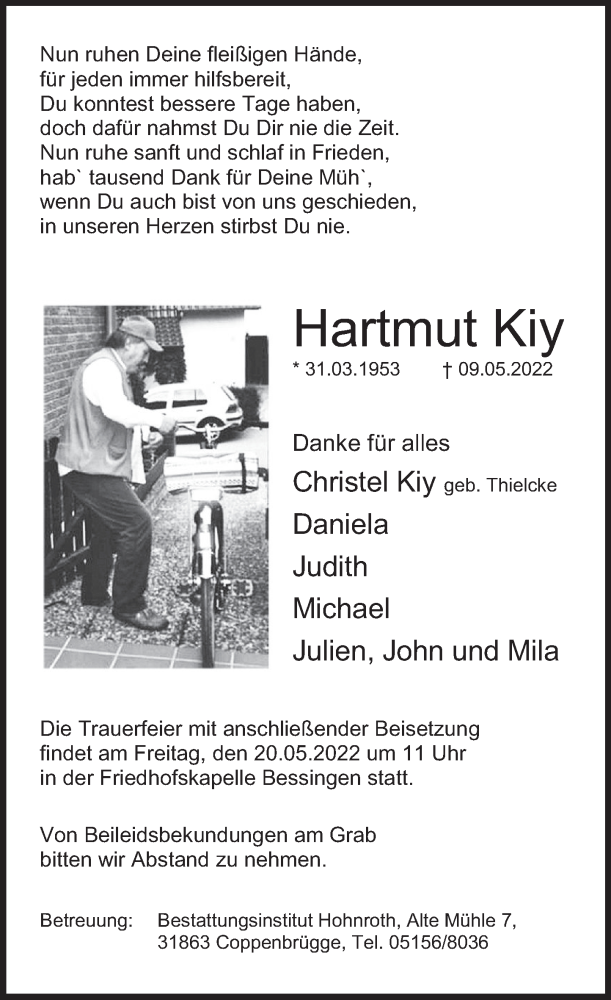  Traueranzeige für Hartmut Kiy vom 14.05.2022 aus Deister- und Weserzeitung