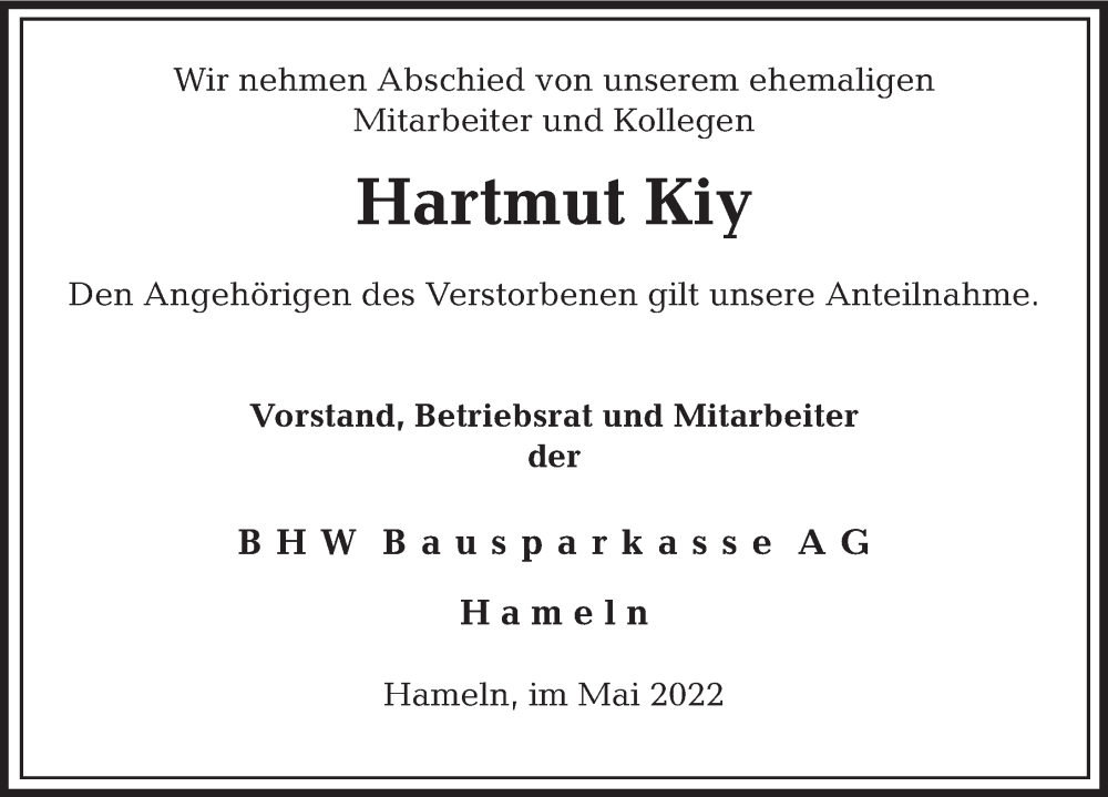  Traueranzeige für Hartmut Kiy vom 20.05.2022 aus Deister- und Weserzeitung
