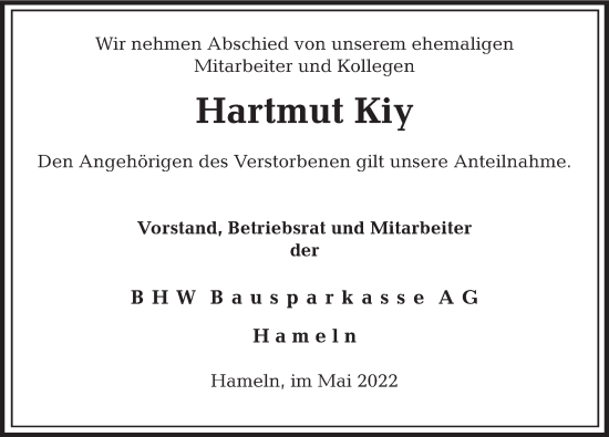Traueranzeige von Hartmut Kiy von Deister- und Weserzeitung