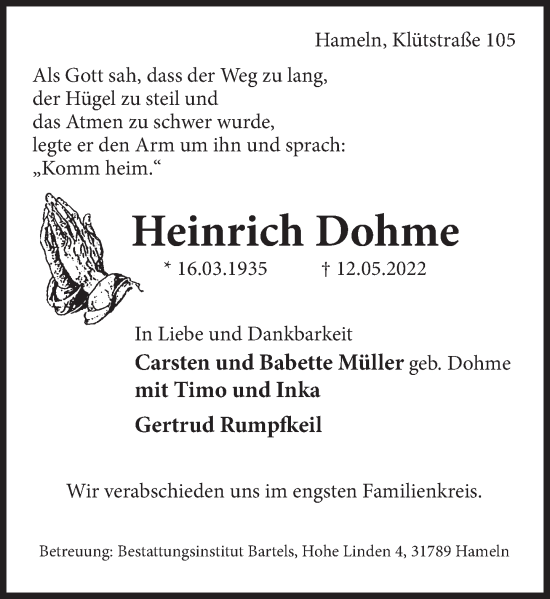 Traueranzeige von Heinrich Dohme von Deister- und Weserzeitung