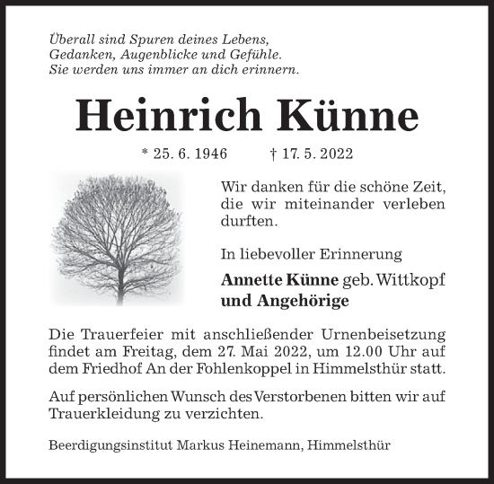 Traueranzeige von Heinrich Künne von Deister- und Weserzeitung