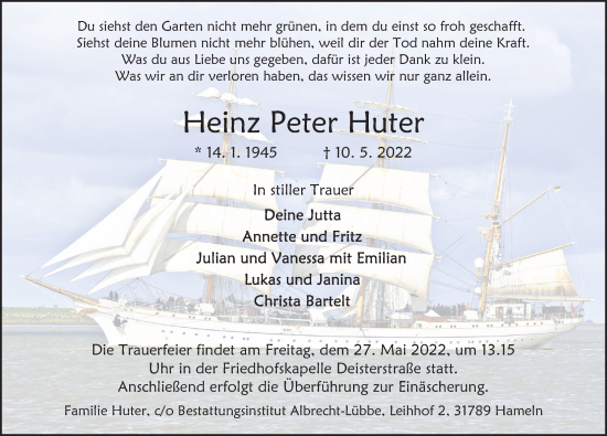 Traueranzeige von Heinz Peter Huter von Deister- und Weserzeitung