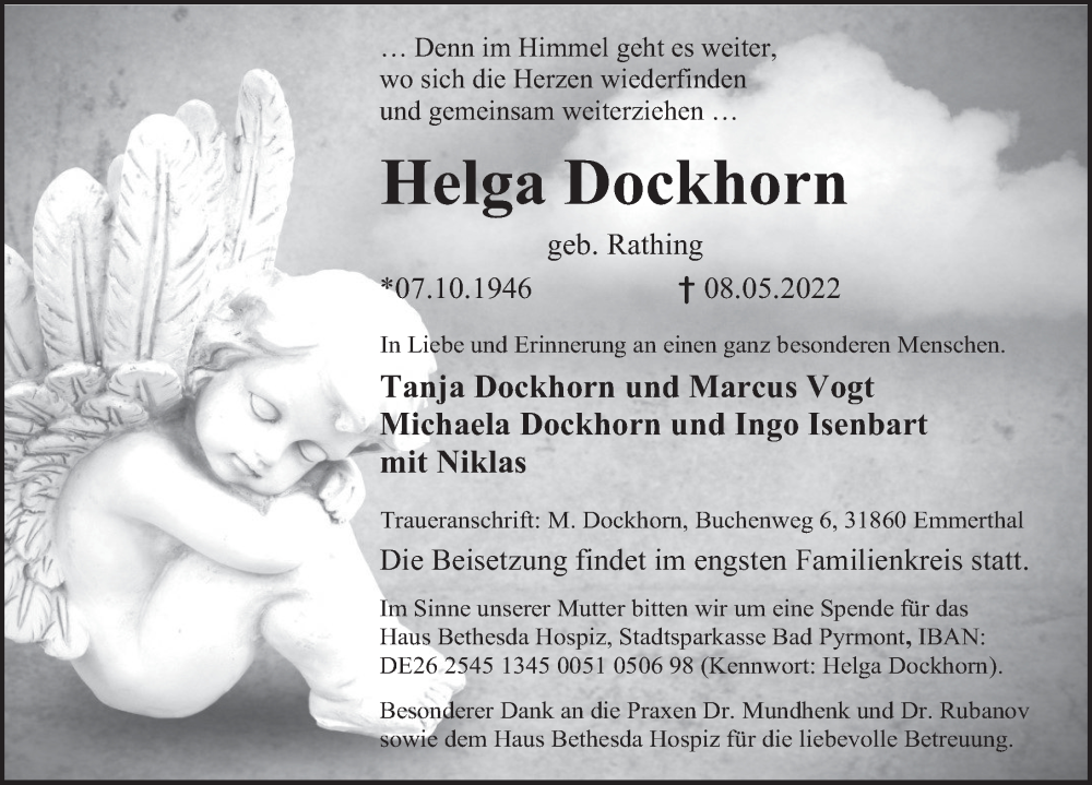  Traueranzeige für Helga Dockhorn vom 14.05.2022 aus Deister- und Weserzeitung