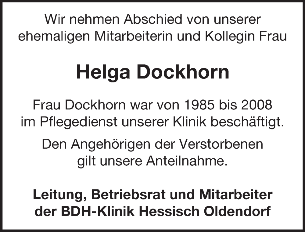  Traueranzeige für Helga Dockhorn vom 21.05.2022 aus Deister- und Weserzeitung