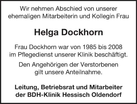 Traueranzeige von Helga Dockhorn von Deister- und Weserzeitung