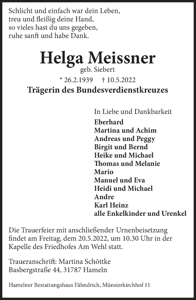  Traueranzeige für Helga Meissner vom 14.05.2022 aus Deister- und Weserzeitung