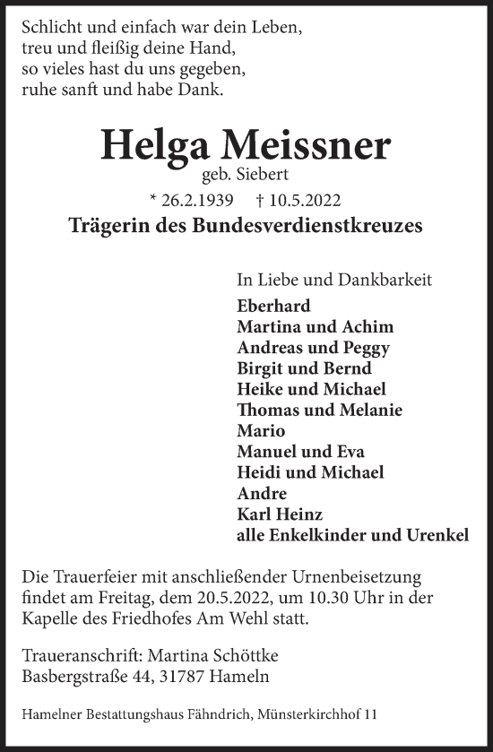 Traueranzeige von Helga Meissner von Deister- und Weserzeitung