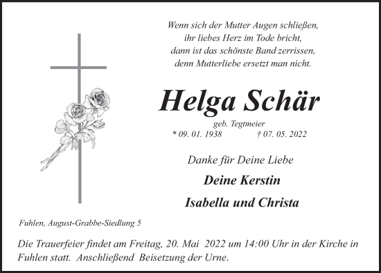 Traueranzeige von Helga Schär von Deister- und Weserzeitung