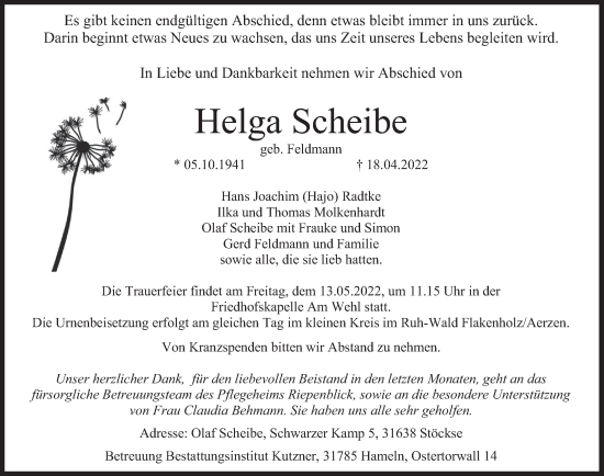 Traueranzeige von Helga Scheibe von Deister- und Weserzeitung