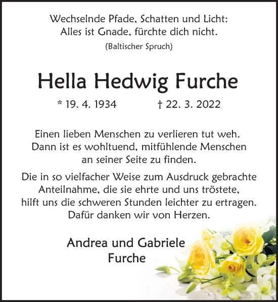 Traueranzeige von Hella Hedwig Furche von Deister- und Weserzeitung
