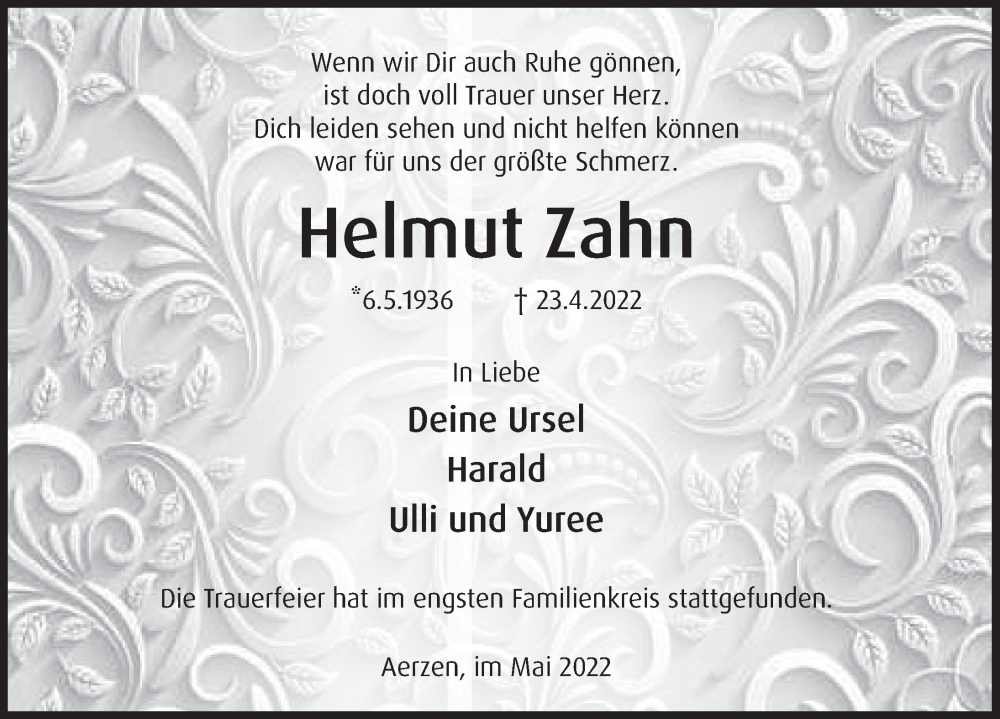  Traueranzeige für Helmut Zahn vom 07.05.2022 aus Deister- und Weserzeitung