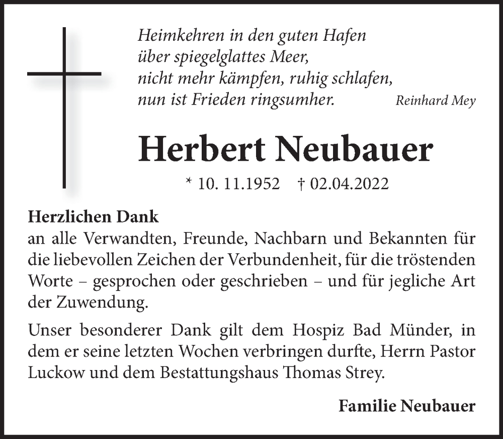 Traueranzeige für Herbert Neubauer vom 21.05.2022 aus Neue Deister-Zeitung
