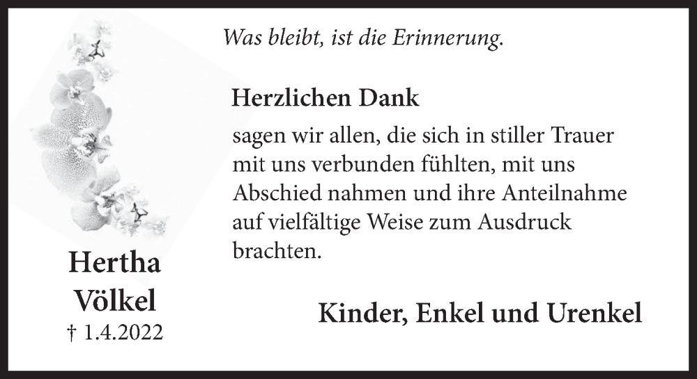  Traueranzeige für Hertha Völkel vom 14.05.2022 aus Deister- und Weserzeitung