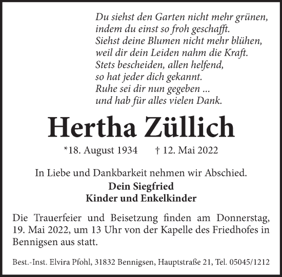 Traueranzeige von Hertha Züllich von Neue Deister-Zeitung