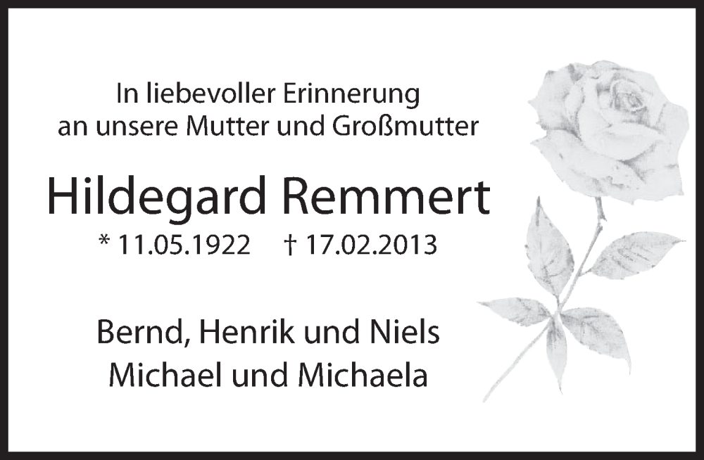  Traueranzeige für Hildegard Remmert vom 11.05.2022 aus Deister- und Weserzeitung