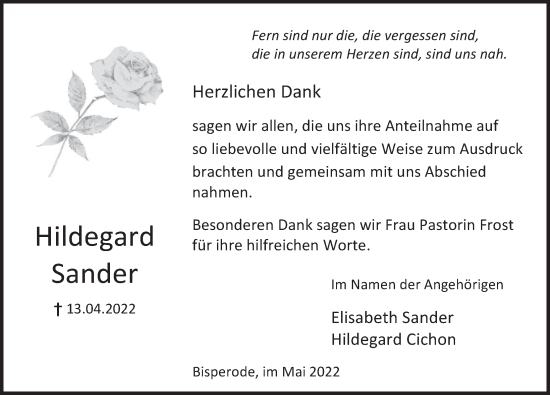 Traueranzeige von Hildegard Sander von Deister- und Weserzeitung