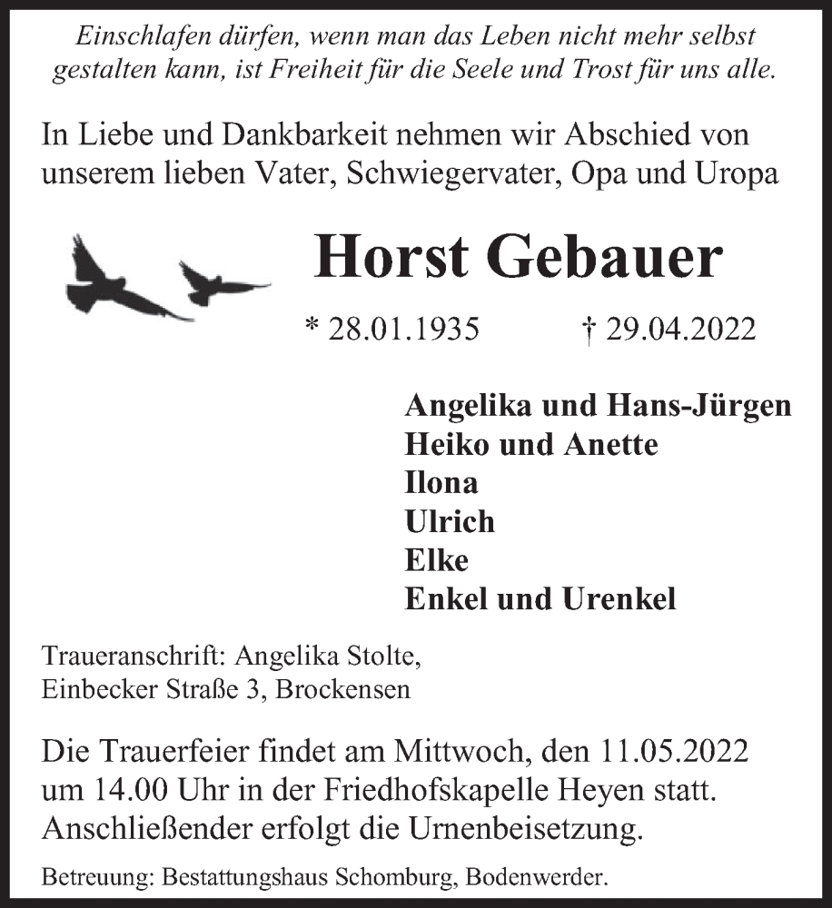  Traueranzeige für Horst Gebauer vom 07.05.2022 aus Deister- und Weserzeitung