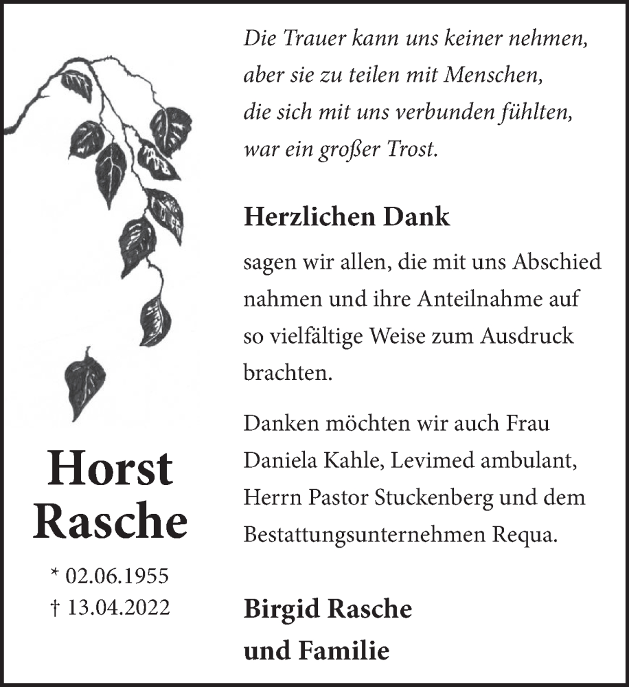  Traueranzeige für Horst Rasche vom 14.05.2022 aus Neue Deister-Zeitung