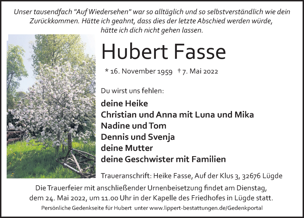  Traueranzeige für Hubert Fasse vom 14.05.2022 aus Deister- und Weserzeitung