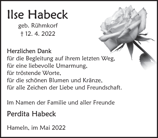 Traueranzeige von Ilse Habeck von Deister- und Weserzeitung
