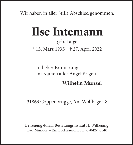 Traueranzeige von Ilse Intemann von Neue Deister-Zeitung