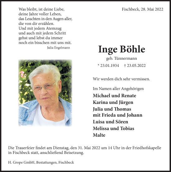 Traueranzeige von Inge Böhle von Deister- und Weserzeitung