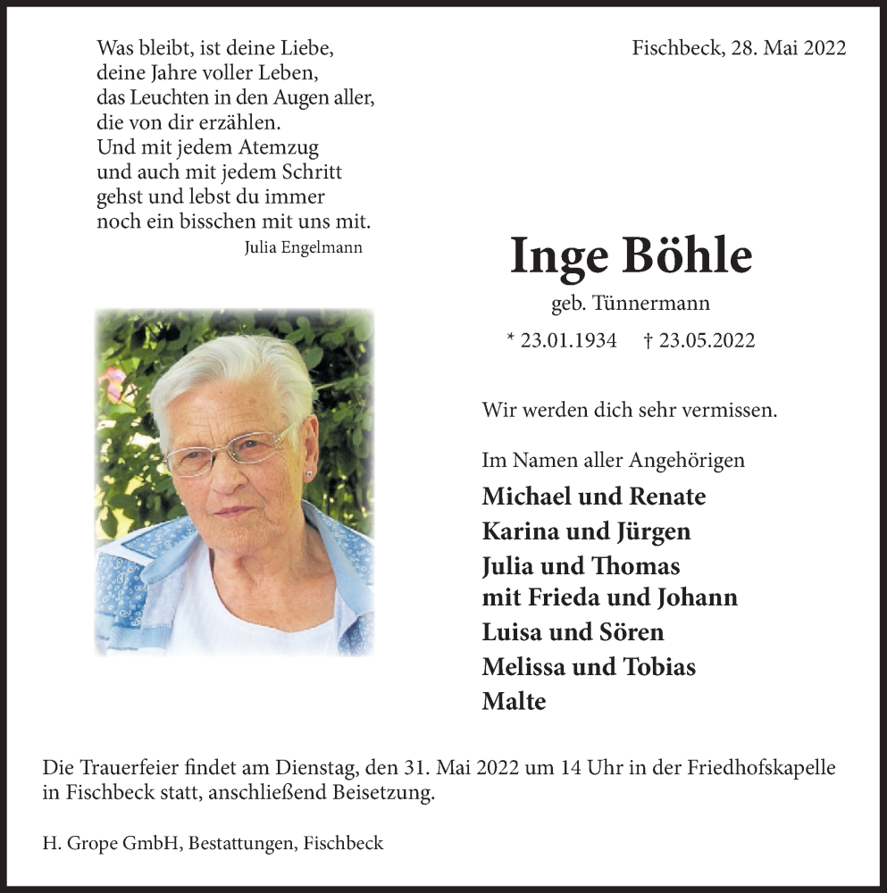  Traueranzeige für Inge Böhle vom 28.05.2022 aus Deister- und Weserzeitung
