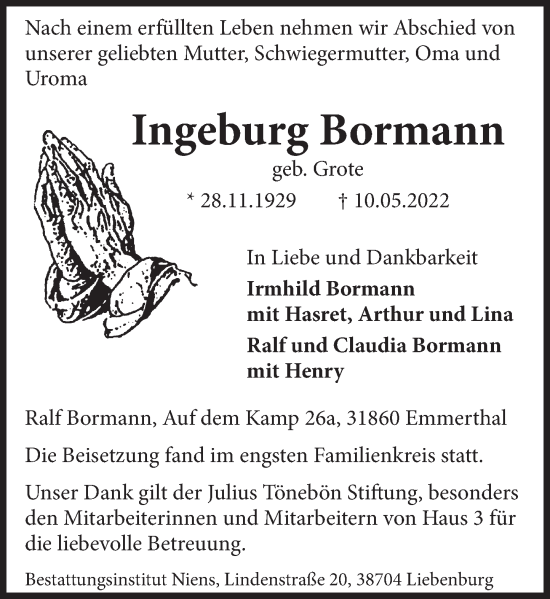 Traueranzeige von Ingeburg Bormann von Deister- und Weserzeitung