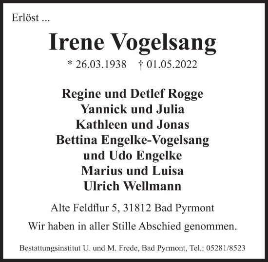 Traueranzeige von Irene Vogelsang von Deister- und Weserzeitung