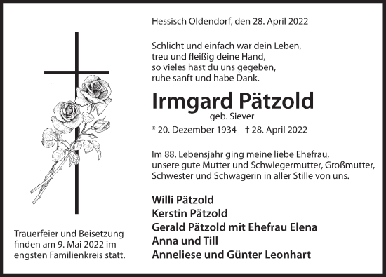 Traueranzeige von Irmgard Pätzold von Deister- und Weserzeitung