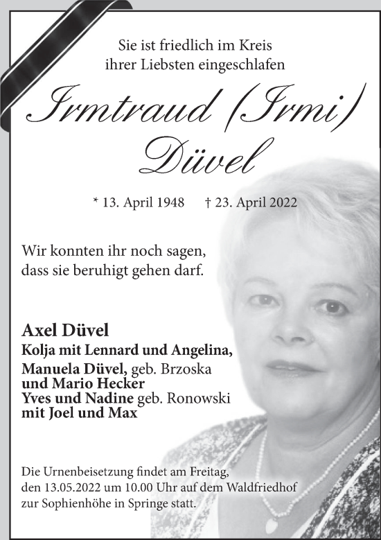 Traueranzeige von Irmtraud Düvel von Deister- und Weserzeitung