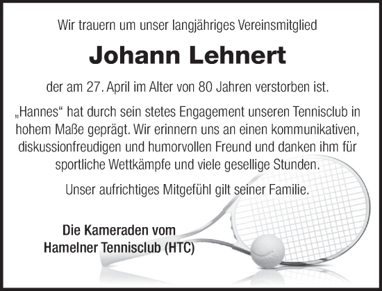 Traueranzeige von Johann Lehnert von Deister- und Weserzeitung