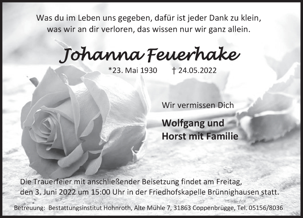  Traueranzeige für Johanna Feuerhake vom 30.05.2022 aus Deister- und Weserzeitung