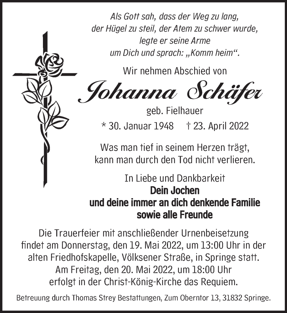  Traueranzeige für Johanna Schäfer vom 14.05.2022 aus Neue Deister-Zeitung