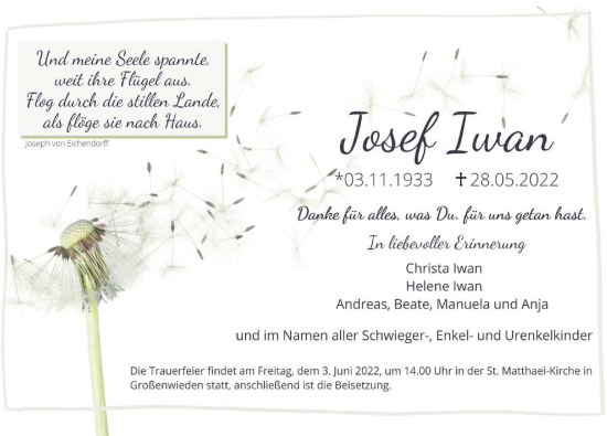 Traueranzeige von Josef Iwan von Deister- und Weserzeitung