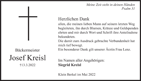 Traueranzeige von Josef Kreisl von Deister- und Weserzeitung