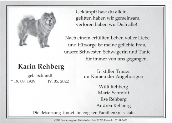 Traueranzeige von Karin Rehberg von Deister- und Weserzeitung