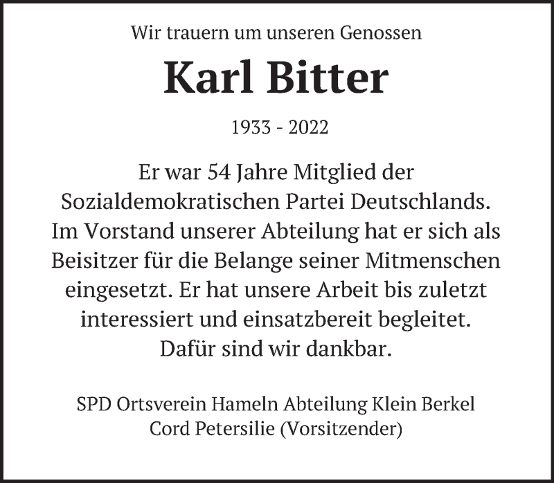  Traueranzeige für Karl  Bitter vom 03.05.2022 aus Deister- und Weserzeitung